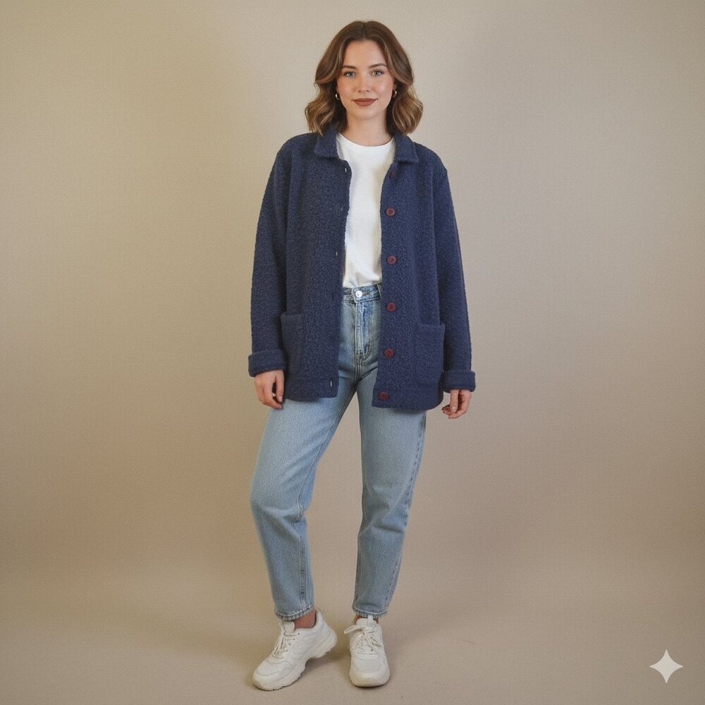Bloomingdale's Studio Vintage Women's M Blue Boucle Knit Wool Blend Cardigan